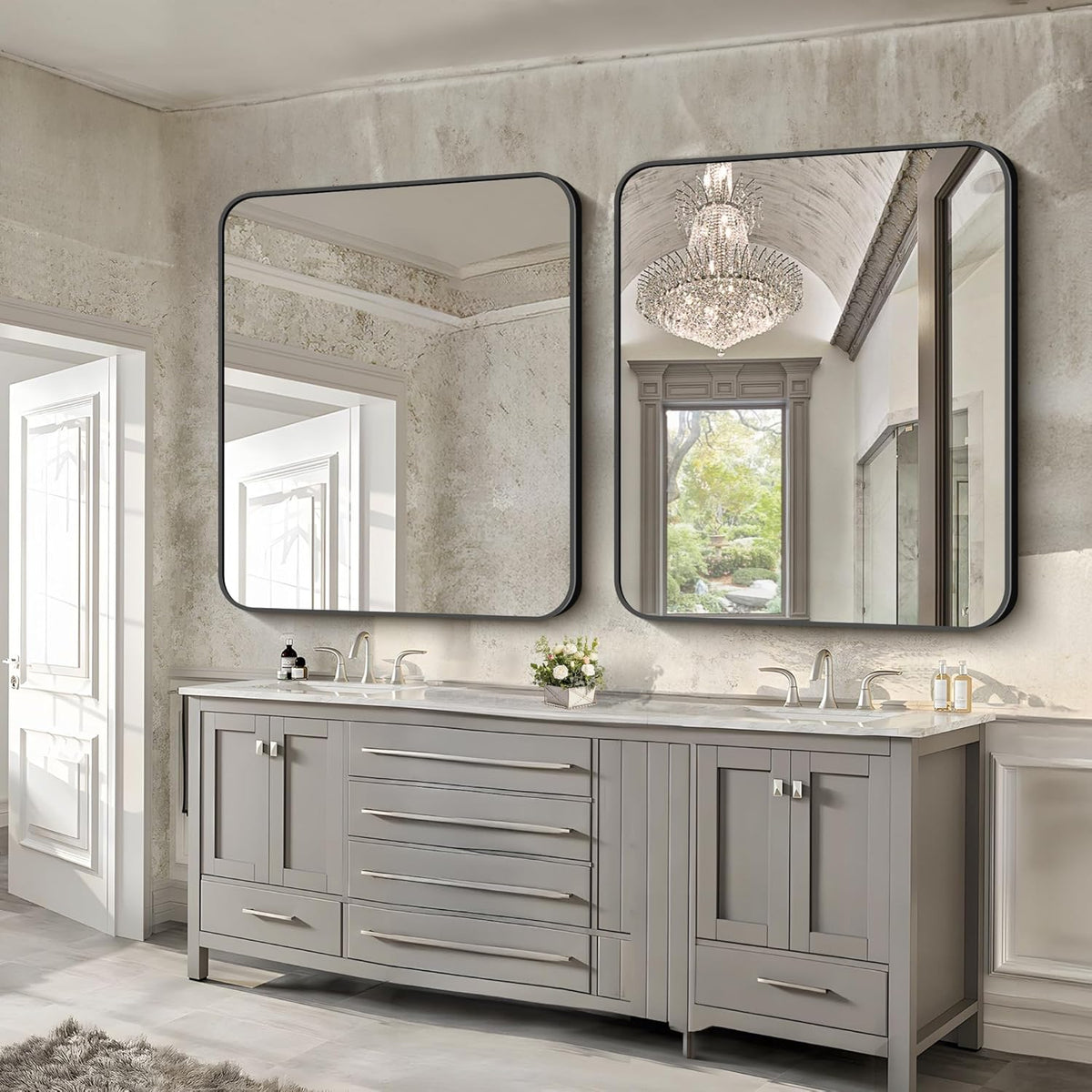 FORBATH Black Bathroom Mirror 40 x 48 Inch, Rectangular Vanity Mirror Wall Rounded Corner Metal Framed Bathroom Mirror for Living Room Bedroom Entryway Decor (Horizontal/Vertical)