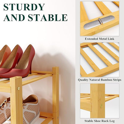 Smiry Long Bamboo Shoe Rack, 5 Tier Free Standing Wooden Shoe Organizer, Stackable Wood Shoe Storage Shelf for Closet, Entryway, 12 Vertical Slats, 2+2+1 Stack Standard Legs, 33.7"x11"x32.5", Natural