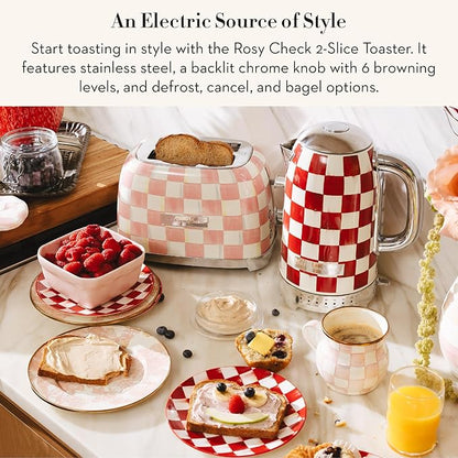 MACKENZIE-CHILDS 2-Slice Toaster, Decorative Toaster for Kitchen, Pink-and-White Rosy Check