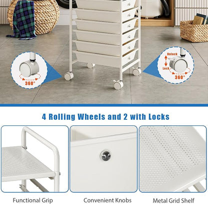 5-Tier Rolling Cart with 5 Drawers, Rolling Utility Cart with 2 Lockable Caster Wheels, Multipurpose Mobile Rolling Storage Drawer Cart for Office Bathroom Kitchen, Ivory White