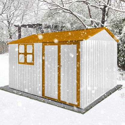 8x10 FT Outdoor Storage Shed, Metal Garden Shed with 4-pane Window, Outside Tool Shed with Lockable Hinged Doors & 4 Air Vents, Waterproof Storage Building for Backyard, Patio, Lawn, White+Yellow