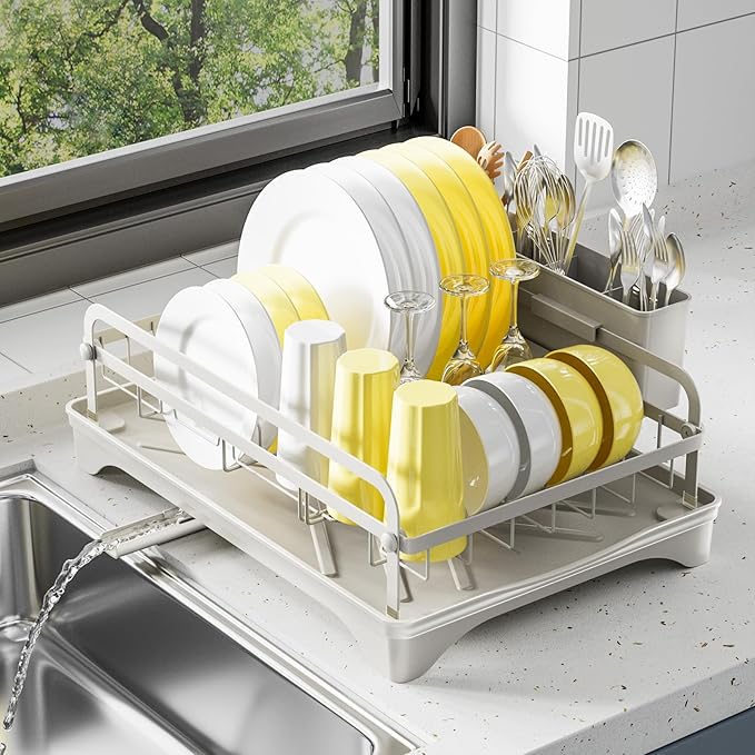 LIYI Dish Rack - Dish Racks for Kitchen Counter, Kitchen Dish Drying Rack Kitchen with Removable Utensil Holder and Drainboard, 16.5" D x 11.6" W x 6.6" H, Grey