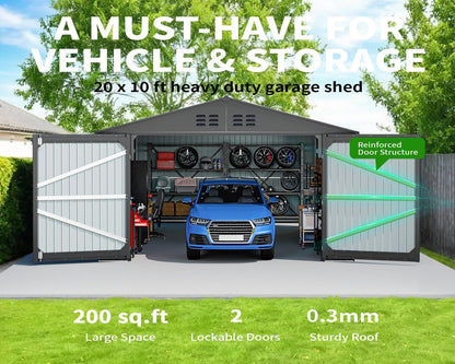 10x20 FT Upgrade Outdoor Storage Shed, Metal Garage Shed with 2 Lockable Doors, Large Metal Building with 4 Air Vents, Galvanized Steel Prefab Garage Sheds for Car, Truck, Bike, Tool, Black