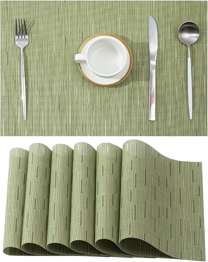 Leetaltree Pea Green Placemats Set of 6 - Heat Resistant Non-Slip Place mats for Dining Table, Washable Durable PVC Vinyl Woven Table Mats（Pea Green, 6）