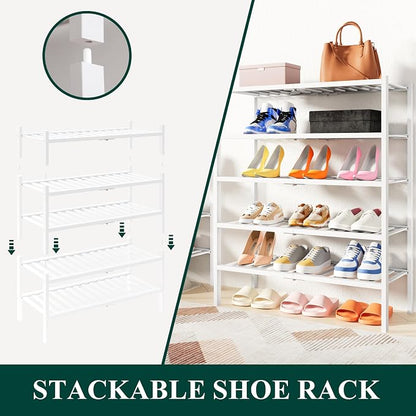 Smiry Small Bamboo Shoe Rack, 6 Tier Free Standing Wooden Shoe Organizer, Stackable Wood Shoe Storage Shelf for Closet, Entryway, 14 Vertical Slats, 2+2+2 Stack Thicker Legs, 17.3"x11"x39", White