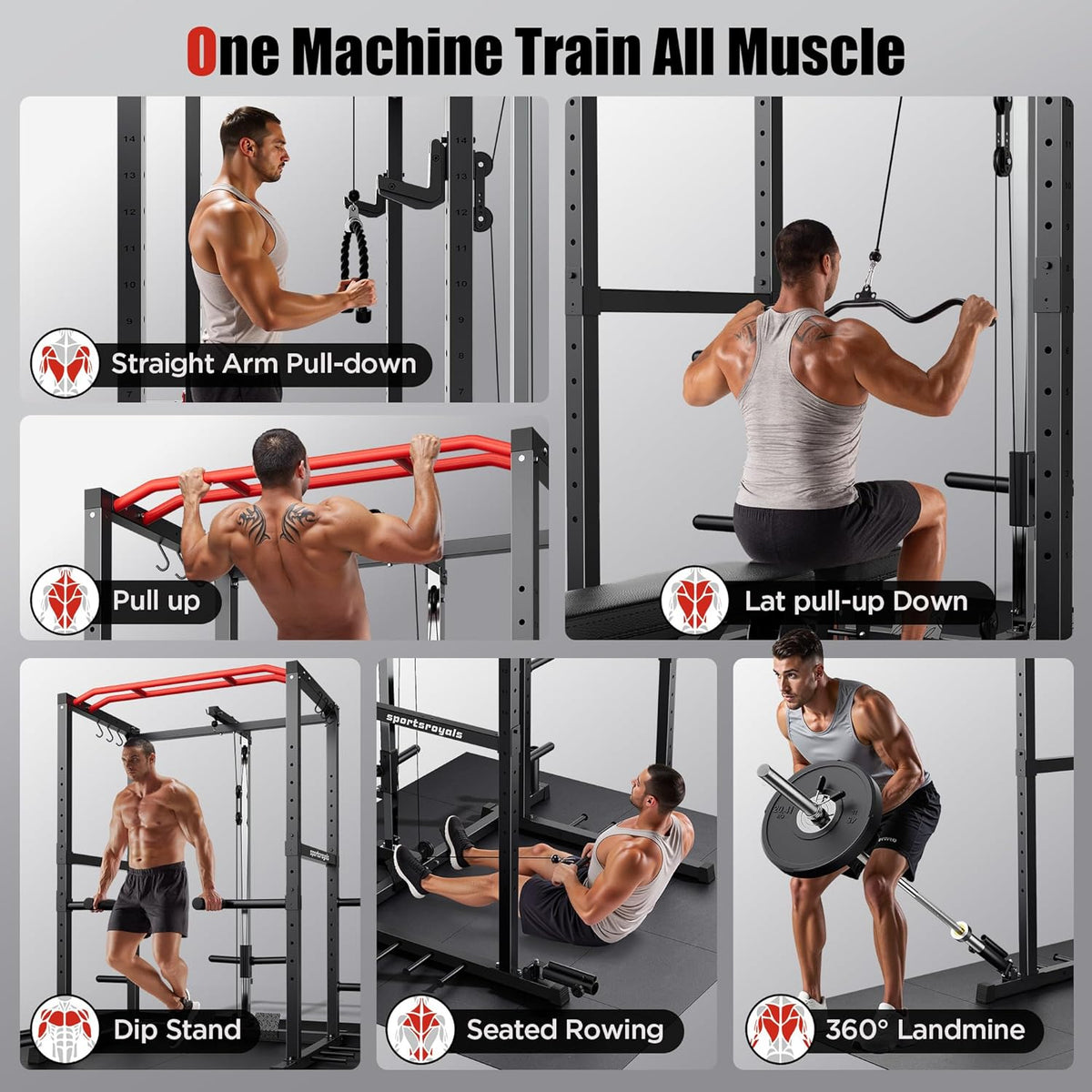 Sportsroyals Power Cage,1600lbs Multi-Function Power Rack with Adjustable Cable Crossover System and More Training Attachment, Weight Cage for Home Gym