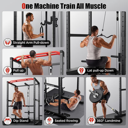 Sportsroyals Power Cage,1600lbs Multi-Function Power Rack with Adjustable Cable Crossover System and More Training Attachment, Weight Cage for Home Gym
