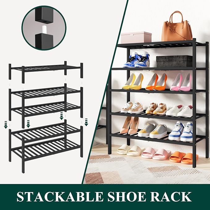 Smiry Bamboo Shoe Rack, 6 Tier Free Standing Wooden Shoe Organizer, Stackable Wood Shoe Storage Shelf for Closet, Entryway, 14 Vertical Slats, 2+2+2 Stack Heavy-Duty Legs, 26.8"x11"x39", Black