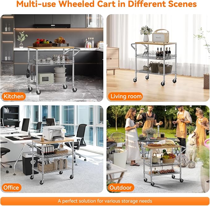 3 Tier Rolling Kitchen Carts on Wheels with Storage,650Lbs Heavy Duty Utility Carts with Wheels,Kitchen Island with Wood Tabletop,Metal Serving Rolling Cart for Small Appliance Food Cart,Wood+Metal
