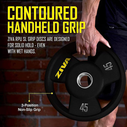 ZIVA Olympic Weight Plate – Premium Urethane-Coated Grip Disc with 2" Stainless Steel Insert and 3-Position Handle – Sold Individually (2.5–45 lb) Does not fit Standard Studio Barbell