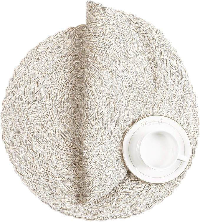 SHACOS Round Braided Placemats 15 inch Set of 6 Boho Thick Washable Kitchen Table Placemats for Home Wedding Party (T-Ivory, 6)