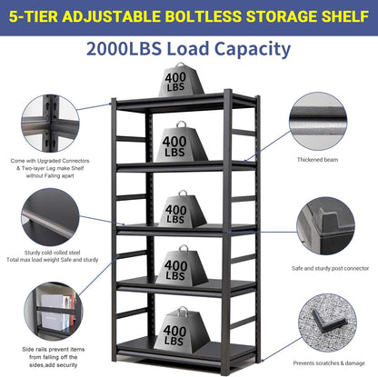 TOPKEY 5-Tier Utility Shelves Garage Storage Shelves, Heavy Duty Metal Storage Shelf for Garage, Kitchen, Warehouse, Adjustable Basement Storage Rack, Load 2000LBS, 63" H x 31.5" W x 15.8" D