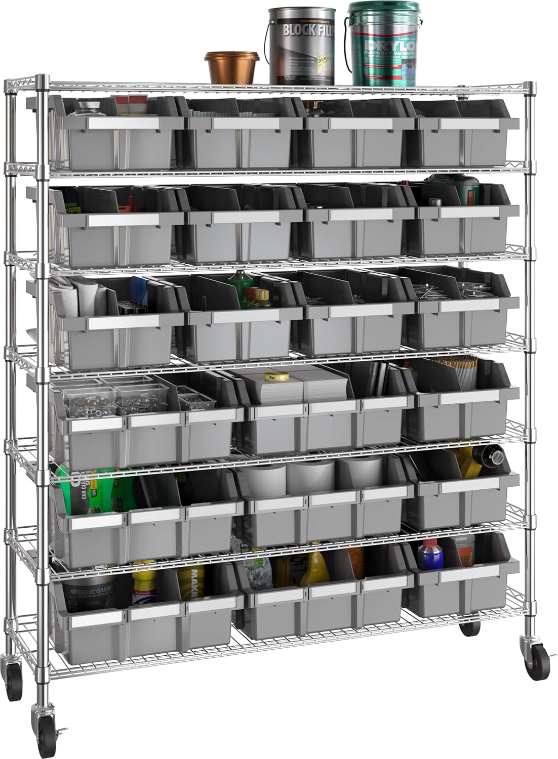 Seville Classics Heavy Duty NSF Bin Rack Solid Steel Wire Shelving Storage Unit, Patented Organizer for Garage, Warehouse, Office, Restaurant, Classroom, Kitchen, Gray, Includes 21 Bins