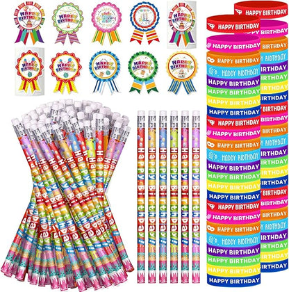 296 Pcs Birthday Pencils Set: 48 Happy Birthday Pencils, 48 Wristbands, 200 Badge Stickers for Teacher, Classroom, Party Supply