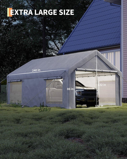 13 x 20FT Heavy Duty Carport with Roll-Up Windows, Portable Garage with Removable Sidewalls & Doors, Portable Car Tent Garage with Roll-Up Windows and All-Season Tarp, for Car, Truck,