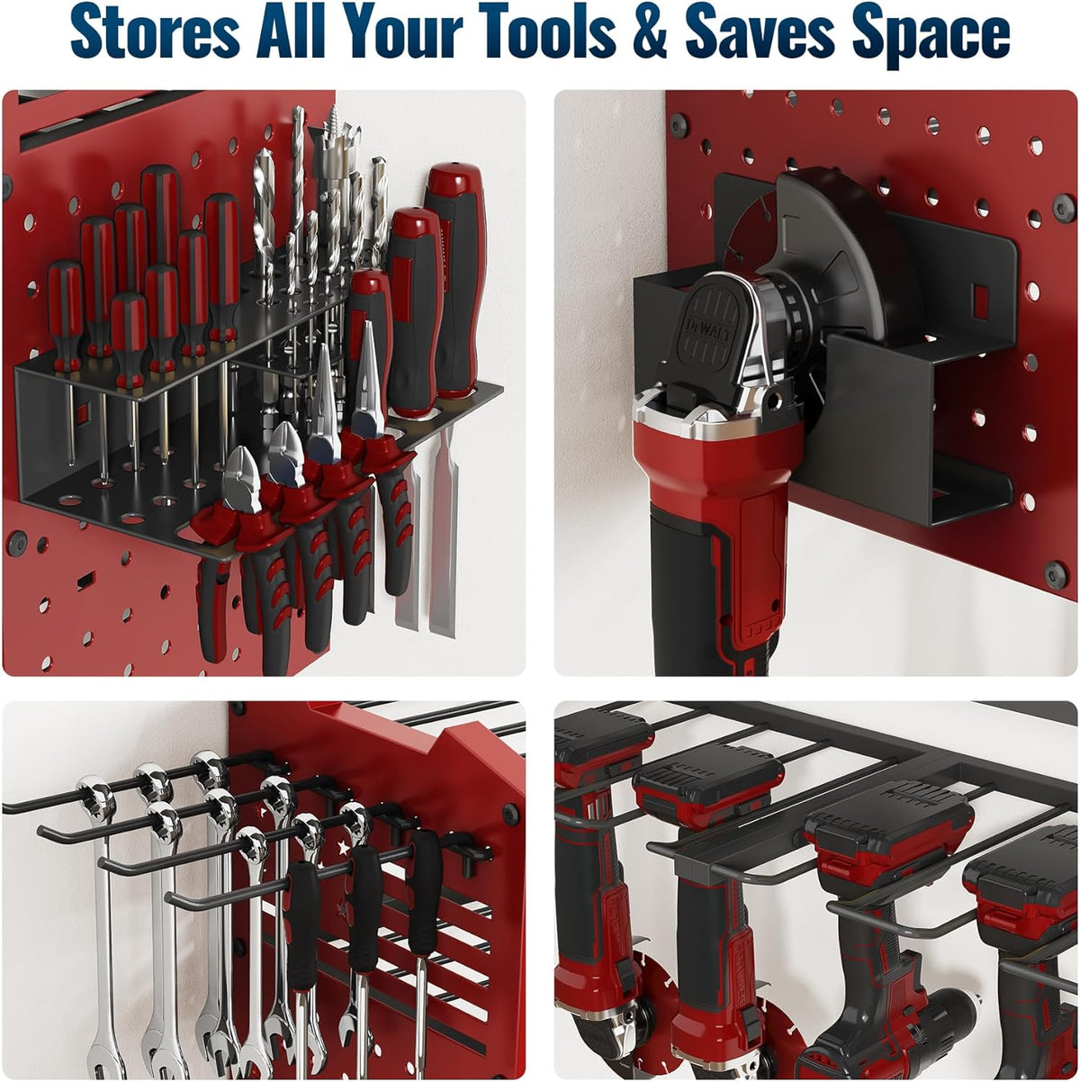 Tomorotec Wall-Mounted Power Tool Storage Rack for Drill, Toolbox & Accessories, Heavy-Duty Steel Organizer with Side Hooks and Adjustable Shelves, Easy Installation Garage & Workshop Storage (Red)