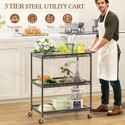 3 Tier Rolling Utility Kitchen Cart, Heavy Duty Wire Rolling Cart on Wheels, Commercial Metal Serving Carts with Handle, Kitchen Island Plant Shelf Food Storage Trolley for Laundry, Office, Garage