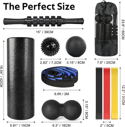 7 in1 Foam Roller Set for Deep Tissue Muscle Massager - High Density Back Roller, Muscle Roller Stick, Resistance Bands, Foot Massage Ball, Stretching Strap for Exercise, Whole Body Physical Therapy