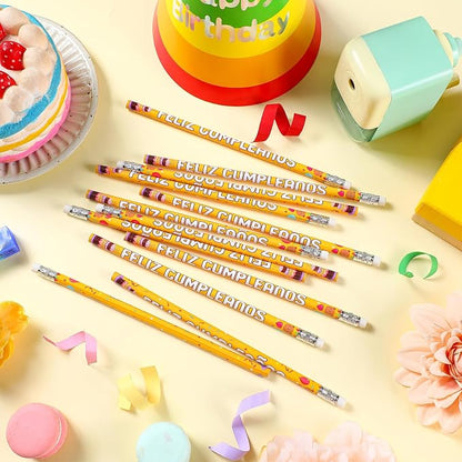 Tenceur 100 Pcs Feliz Cumpleanos Pencils Spanish Happy Birthday Pencils with Top Erasers Writing Materials Gifts for Birthday Party Supplies Reward Favors