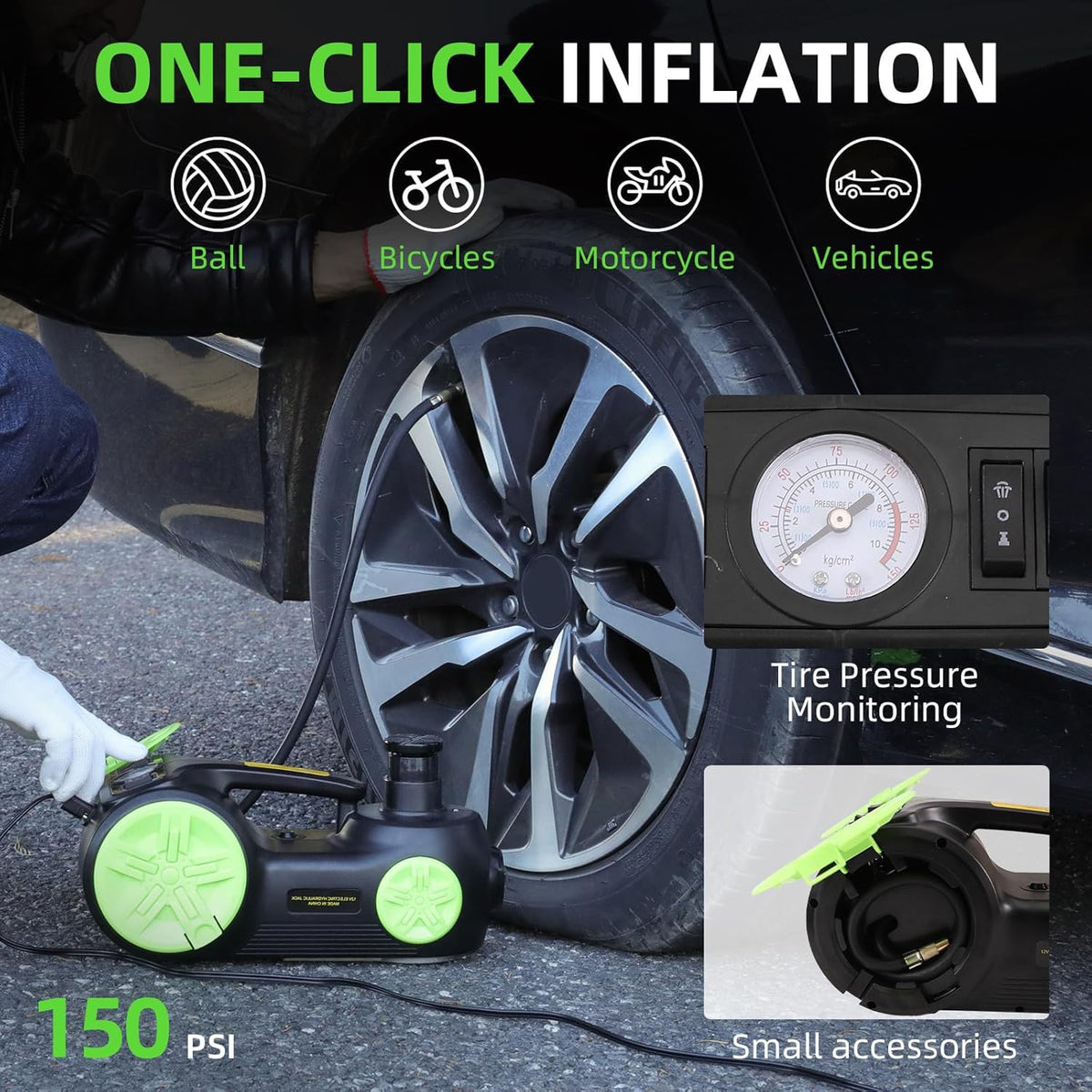 Electric Car Jack Set 5 in 1 Floor Jack Hydraulic Jack Kit 5 Ton Truck Tire Jack Lift with Integrated Tire Pump and Impact Wrench for SUV Truck Sedan Vehicle Roadside Emergency Tire Change