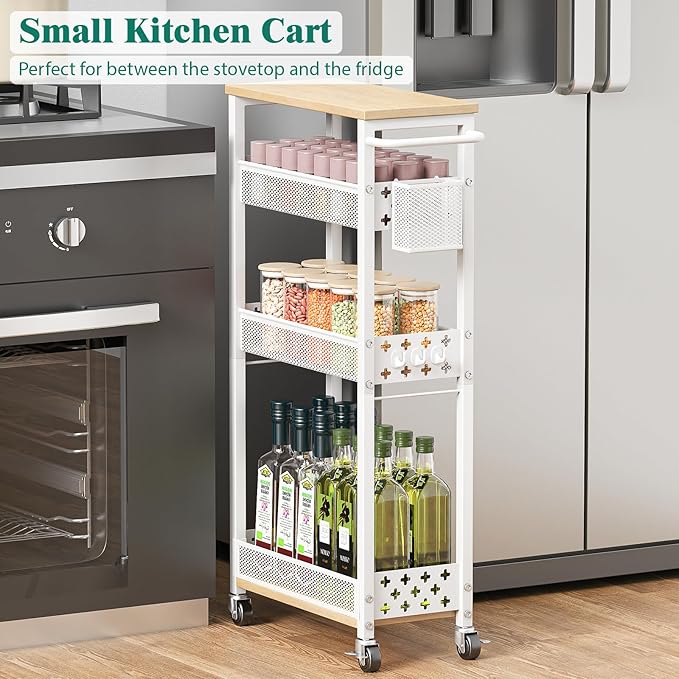 Slim Storage Cart 4 Tier Laundry Cart with Wheels, Narrow Metal Kitchen Rolling Carts Bathroom Organizers Storage Shelf with Wood Rack and Handle for Small Space