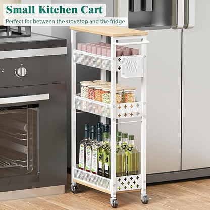 Slim Storage Cart 4 Tier Laundry Cart with Wheels, Narrow Metal Kitchen Rolling Carts Bathroom Organizers Storage Shelf with Wood Rack and Handle for Small Space