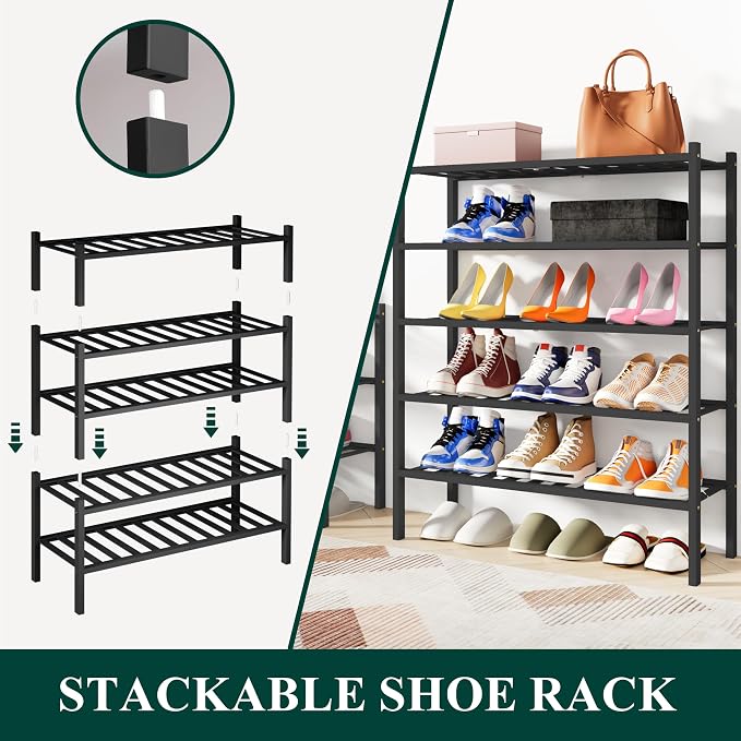 Smiry Bamboo Shoe Rack, 5 Tier Free Standing Wooden Shoe Organizer, Stackable Wood Shoe Storage Shelf for Closet, Entryway, 12 Vertical Slats, 2+2+1 Stack Standard Legs, 26.8"x11"x32.5", Black