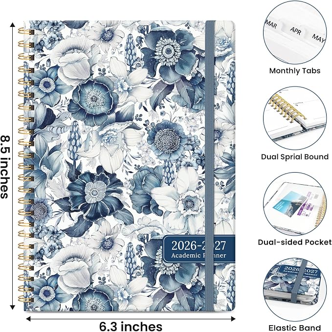 Academic Planner 2026-2027, Monthly and Weekly Calendar Planner, July 2026 - June 2027, Pretty Hardcover Teacher Student Planning Agenda Book with Tabs, Fit for School Office Supplies, 6.3" x 8.5", Blue Floral