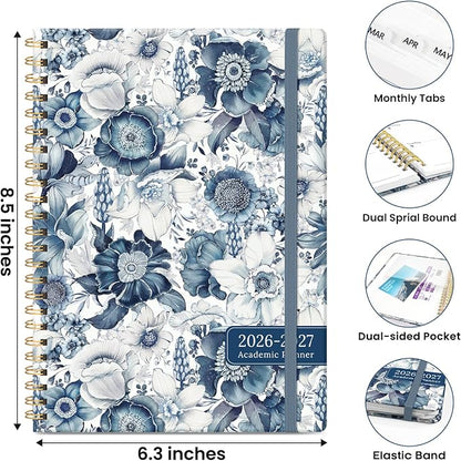 Academic Planner 2026-2027, Monthly and Weekly Calendar Planner, July 2026 - June 2027, Pretty Hardcover Teacher Student Planning Agenda Book with Tabs, Fit for School Office Supplies, 6.3" x 8.5", Blue Floral