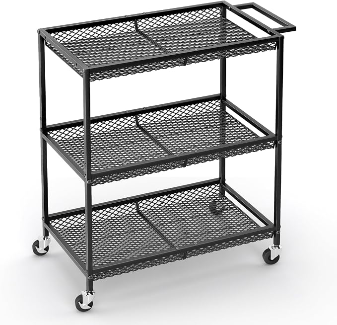 3 Tier Rolling Utility Kitchen Cart, Heavy Duty Wire Rolling Cart on Wheels, Commercial Metal Serving Carts with Handle, Kitchen Island Plant Shelf Food Storage Trolley for Laundry, Office, Garage