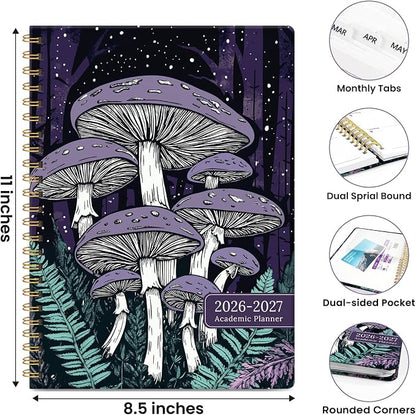 Planner 2026-2027, Academic Year Monthly & Weekly Planner Caledndar, July 2026 - June 2027, Hardcover Large Planning Agenda Book with Tabs for School Office Supplies, 8.5" x 11" - Enchanted Fungi