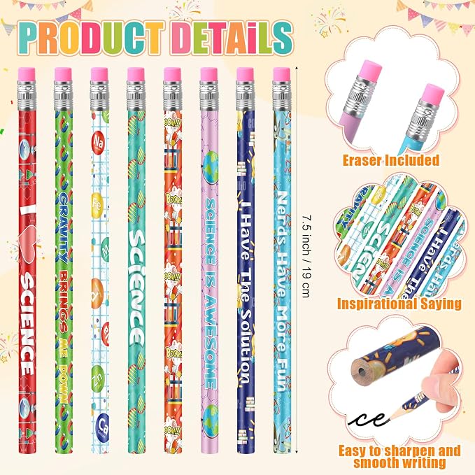 Nezyo 48 Pcs Science Pencils Bulk Science Party Favors Chemistry Pencils with Eraser Motivational Back to School Gifts for Students Fun Scientist Birthday Lab Gifts Cute Reward Teacher Supplies Decor