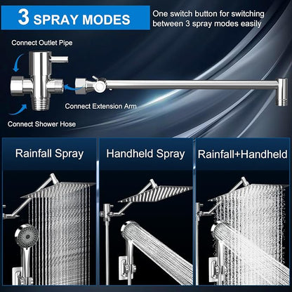 Shower Head, Rain Shower Head with Handheld Spray Combo, 10 Inch Adjustable High Pressure Rainfall Shower Head, Dual Showerhead Set with Extension Arm and 60 Inch Long Shower Hose (Silver)