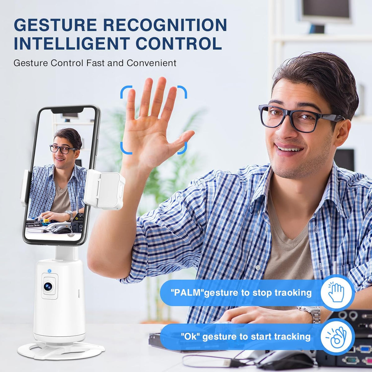 Auto Face Tracking Tripod 360° Rotating Cell Phone Photo and Video Kits Stand, No App, Camera Stand with Remote and Gesture Control, Rechargeable Smart Shooting Stand for Live Recording Tiktok (White)