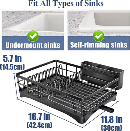 SNTD Dish Drying Rack for Kitchen Counter - Large Dish Rack with Drainboard, Rustproof Dish Drainer with Utensil Holder for Sink, Black
