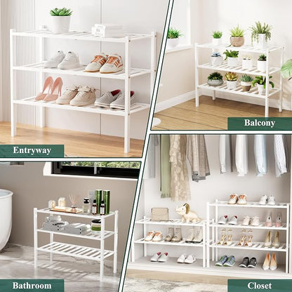 Smiry Bamboo Shoe Rack, 5 Tier Free Standing Wooden Shoe Organizer, Stackable Wood Shoe Storage Shelf for Closet, Entryway, 12 Vertical Slats, 2+2+1 Stack Standard Legs, 26.8"x11"x32.5", White