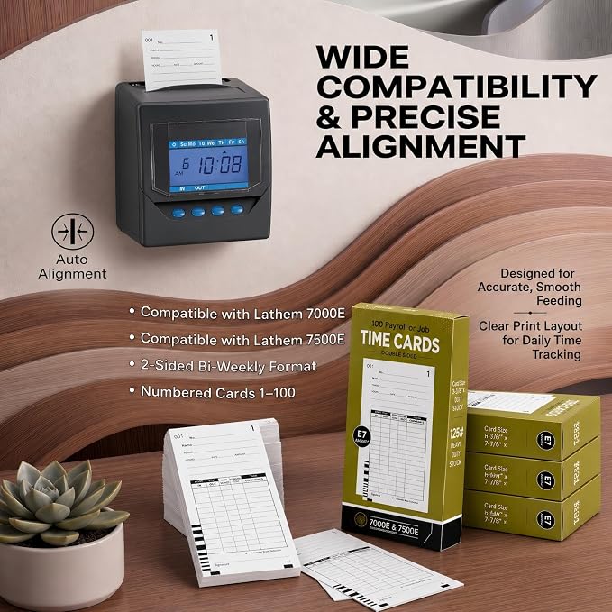 100 Time Cards Compatible with Lathem 7000E and 7500E Time Clocks