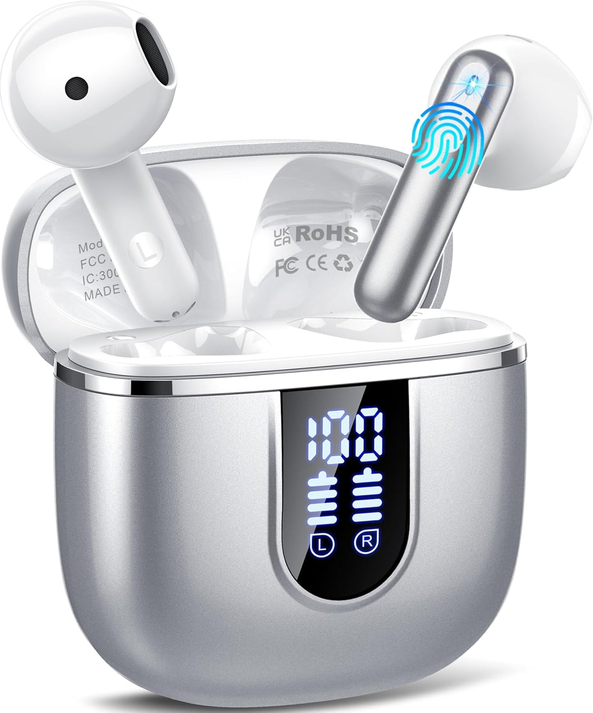 Wireless Earbuds, Bluetooth 5.4 Headphones with 3D Bass Stereo, 40H Ultralight in-Ear Buds, Bluetooth Earbuds with 4 ENC Noise Cancelling Mic, USB-C, IP7 Waterproof Earphones for Android iOS, Sillver