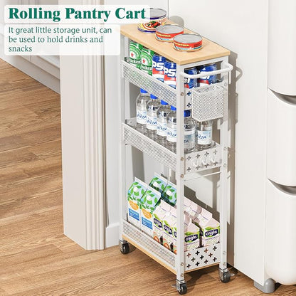 Slim Storage Cart 4 Tier Laundry Cart with Wheels, Narrow Metal Kitchen Rolling Carts Bathroom Organizers Storage Shelf with Wood Rack and Handle for Small Space