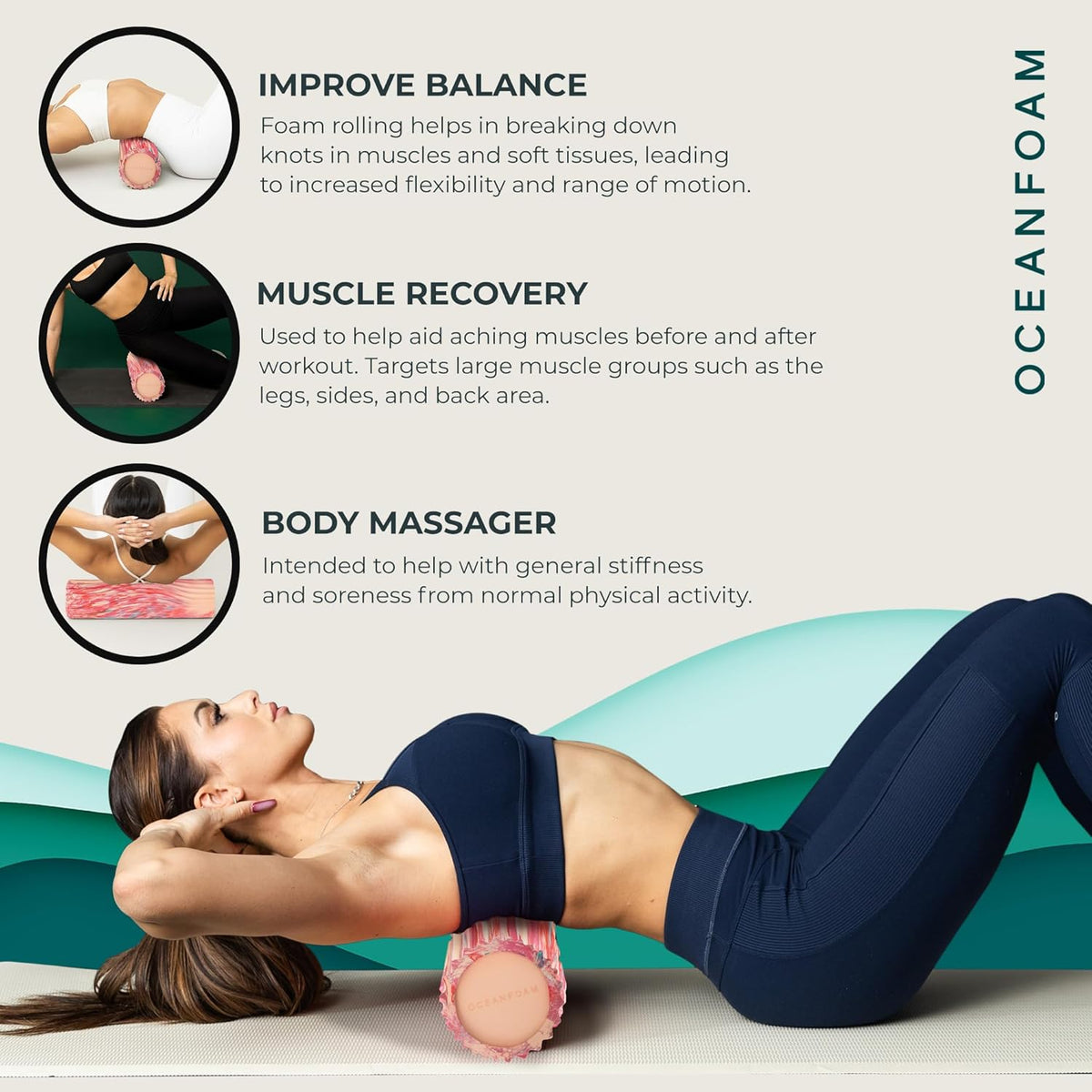 Oceanfoam Tidal Roller - Cotton Candy - Muscle Massage Foam Roller for Back Pain & Stretching - Firm and Ergonomic Wide Wave Textured - Yoga, Athletics, & Wellness - Full Size, 20" x 5"