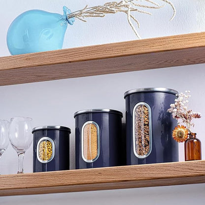 Mixpresso 3-Piece Blue Canisters Sets For The Kitchen, Airtight Canister Set With See Through Window, Storage Jars for Coffee Container, Tea Organizer & Sugar Canister, Blue Kitchen Canisters
