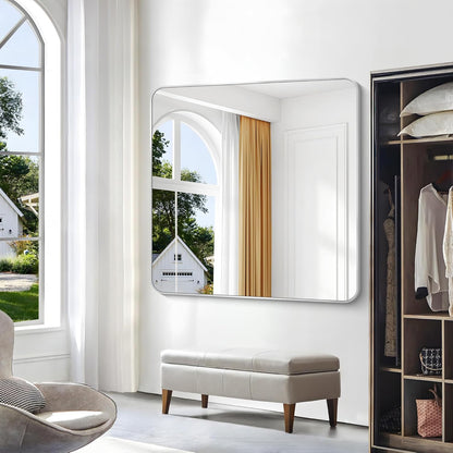 Silver Bathroom Mirror,48x48 inch Wall Mirror for Bathroom Wall Mounted,Rectangle Mirror for Bathroom Over Sink,Modern Frame Round Corner for Living Room,Bedroom Entryway,Horizontal/Vertical
