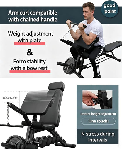 BARWING Multi-Function Adjustable Weight Bench with Leg Extension and Curl, Preacher Curl Attachment, Incline Decline Bench Press for Home Gym, 1500LB Heavy Duty Workout Bench