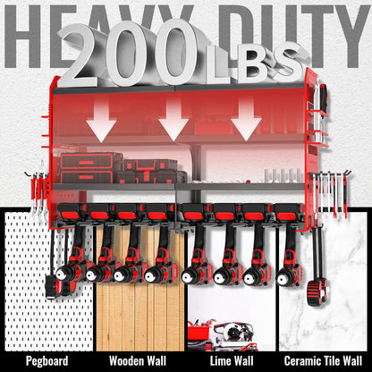 Metal Power Tool Organizer Rack Wall Mount, Garage Tool Drill Storage Shelves with Screwdriver Plier Holder (Red, 8 Drills Holder)