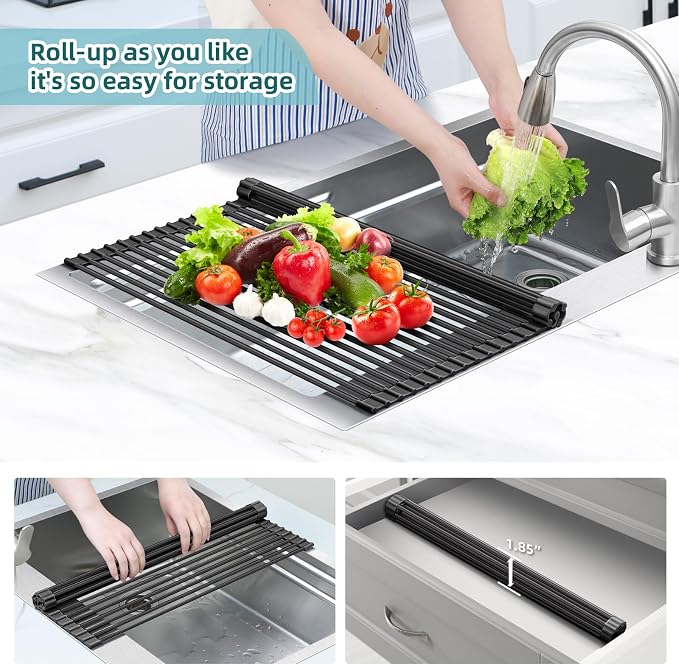 Ohuhu Sink Drying Rack, 20.5" W x 16.1" L Over Sink Roll-Up Dish Drainer - Rolling Foldable Accessories Heat-Resistant Mat Anti-Slip Silicone Coated Multipurpose for Kitchen Counter