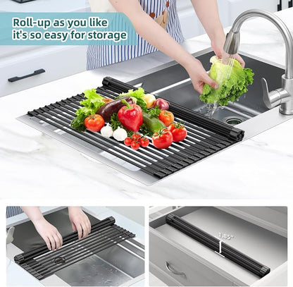 Ohuhu Sink Drying Rack, 20.5" W x 16.1" L Over Sink Roll-Up Dish Drainer - Rolling Foldable Accessories Heat-Resistant Mat Anti-Slip Silicone Coated Multipurpose for Kitchen Counter