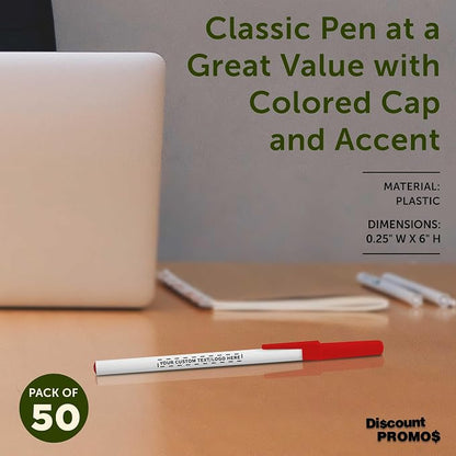DISCOUNT PROMOS Custom Value Stick Pens Set of 50, Personalized Bulk Pack - Blue Ink, Great for Office, School, Business, Tradeshows, Events - Red Cap