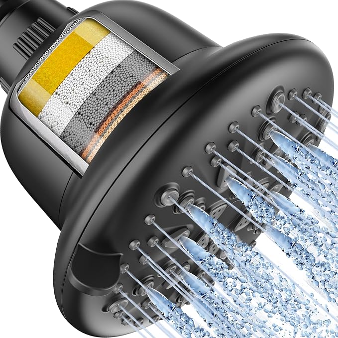 Cobbe Filtered Shower Head, 7 Modes High Pressure Shower Heads - 16 Stage Shower Head Filter for Hard Water for Remove Chlorine and Harmful Substances (Midnight Black Matte, 5 Inch Round)