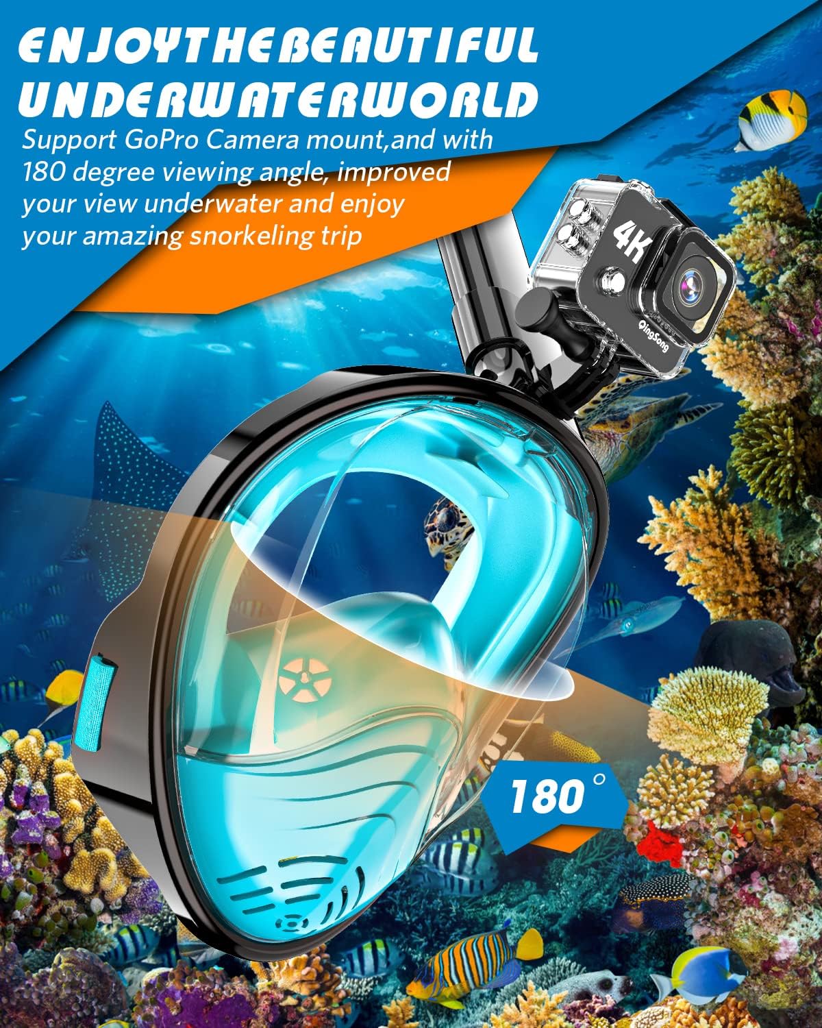 QingSong Full Face Snorkel Mask for Adults, Snorkeling Gear with Camera Mount, 180 Degree Panoramic View Snorkel Set Anti-Fog Anti-Leak