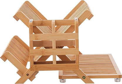 HBlife Bamboo Dish Drying Rack with Utensil Holder, 3-Tier Large Collapsible Wooden Dish Drainer Rack, Folding Drying Holder Dish Drainer for Kitchen Counter